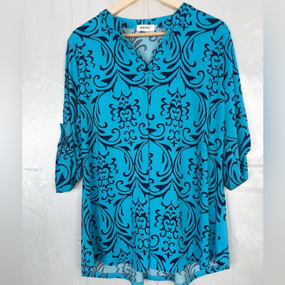 Bepei Women 2XL Turquoise Navy Damask Roll Tab Sleeve Tunic Top Blouse